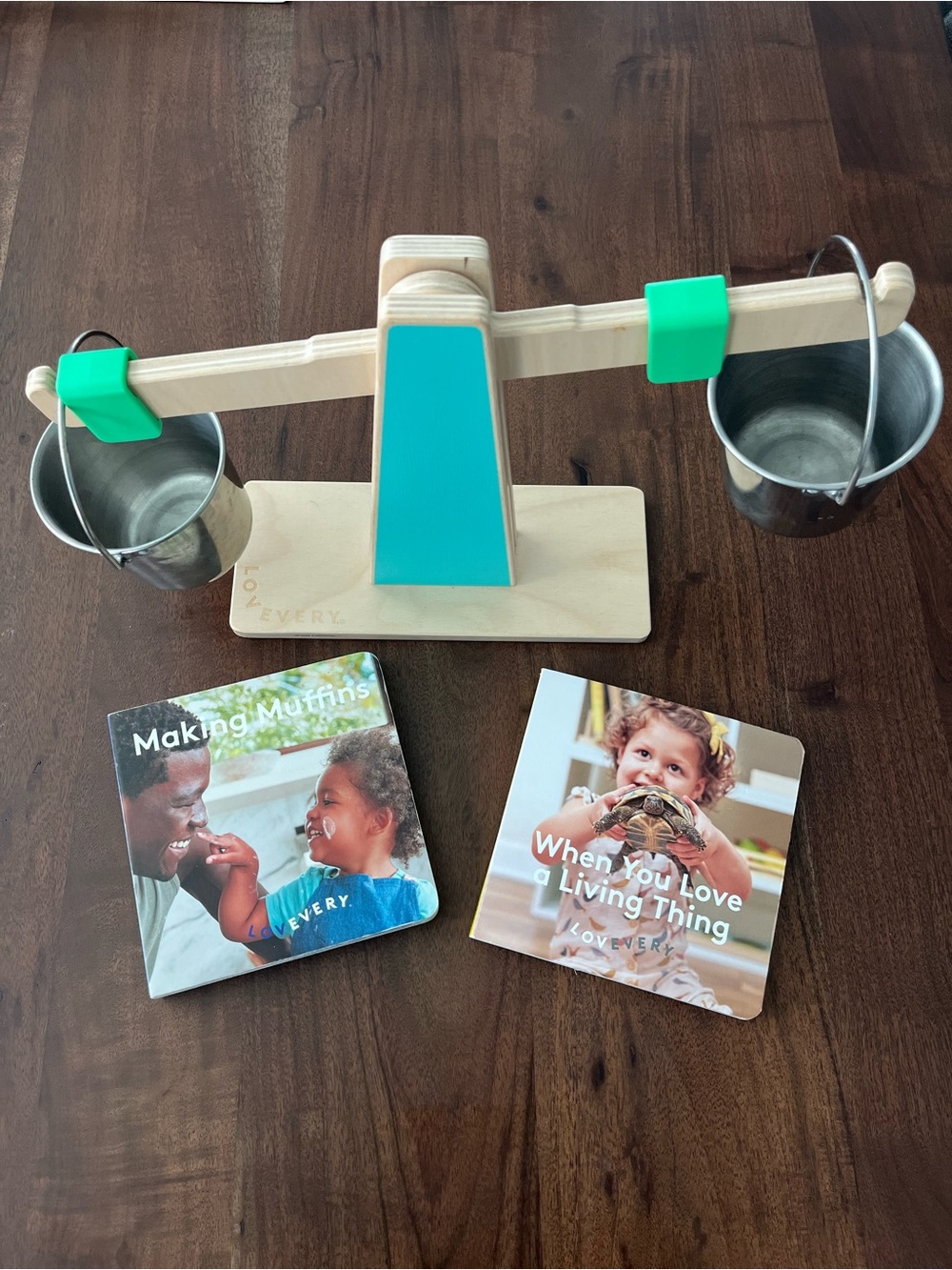 Lovevery wooden scale and 2 lovevery lift flap books like new